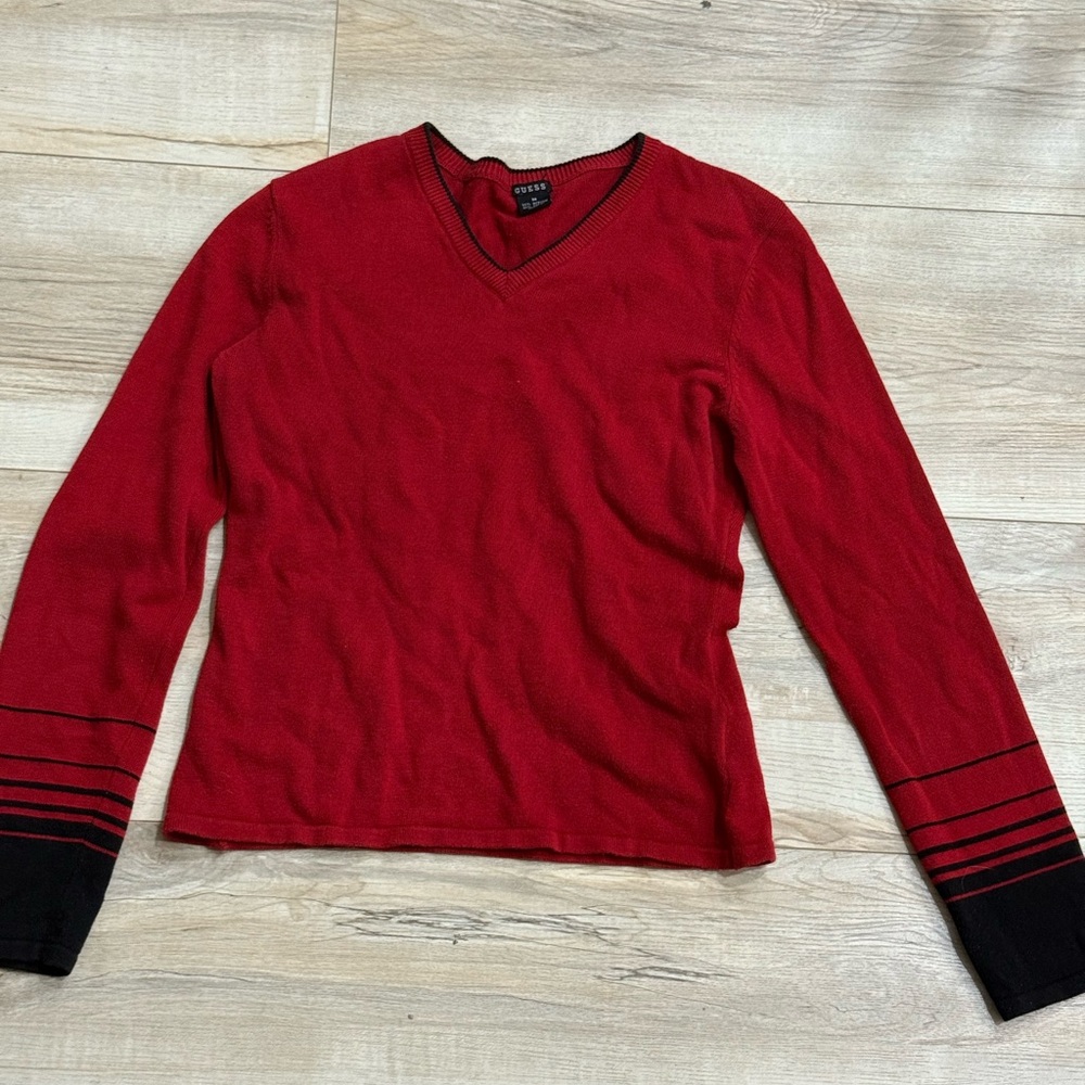Guess Red and Black V-Neck Sweater